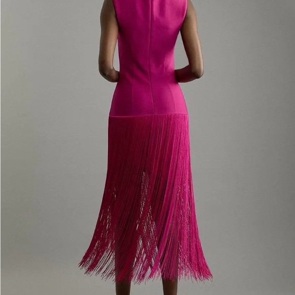 Karen Millen Vibrant Pink Midi Fringe Dress Size Small - Picture 3 of 5